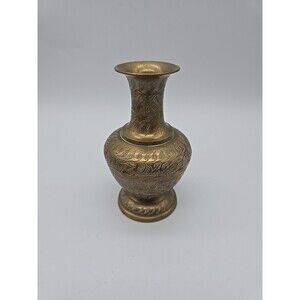 Vintage  Brass Etched Engraved Vase Leaf Motif 5 in Tall  India BOHO